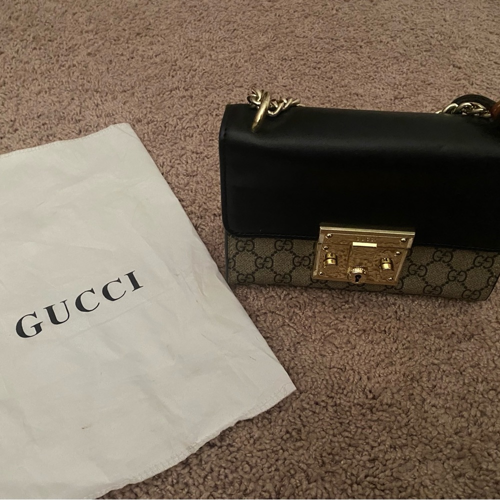 Authentic Gucci black small GG padlock chain bag.